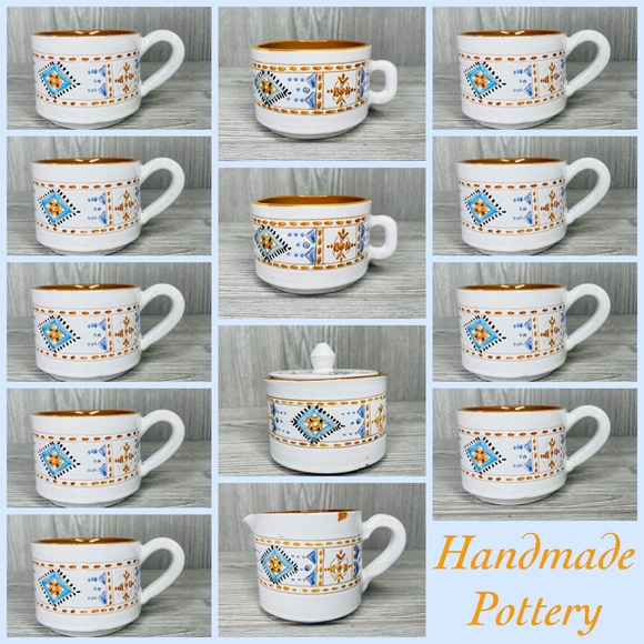 Hand made artist studio pottery cups  suger bowl  creamer  coffee mugs boho